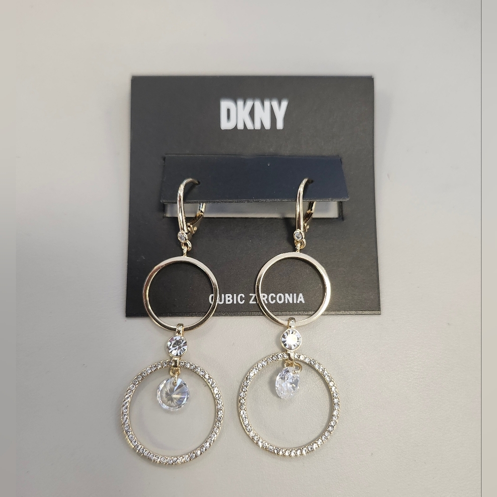 NWT DKNY Gold-Tone Crystal & Pave Double Circle Drop Earrings